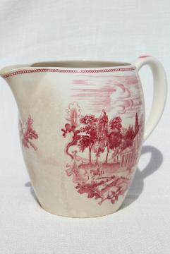 vintage pink red transferware china pitcher, Monticello Historic America Johnson Bros
