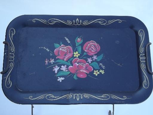 vintage pink roses metal tray table, shabby old wirework plant stand