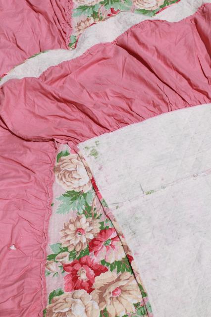 vintage pink roses print cotton barkcloth bedspread set, bed cover & pillow shams