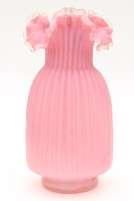 vintage pink satin frosted glass vase, Victorian art glass or Fenton reproduction?