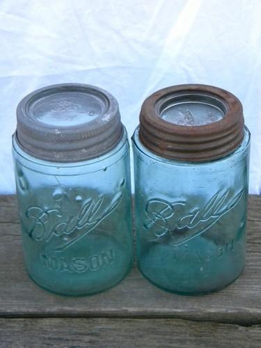 vintage pint size aqua blue fruit jars lot, antique canisters, old ring / glass lids