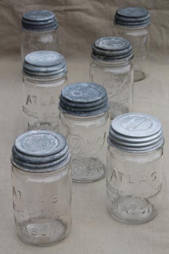 vintage pint size mason jars w/ zinc metal lids, antique glass canning jar lot