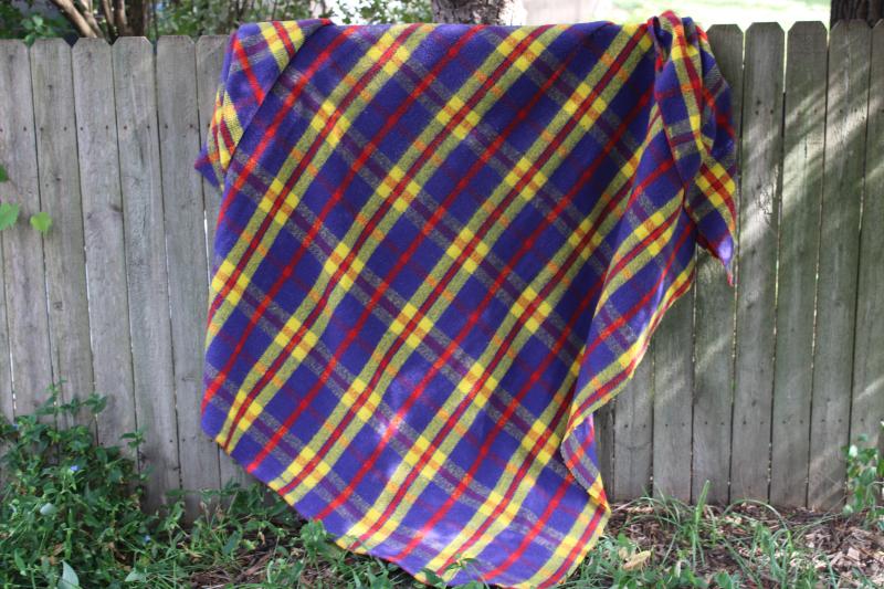 vintage plaid camp blanket, cozy worn soft blanket for picnics, tailgating