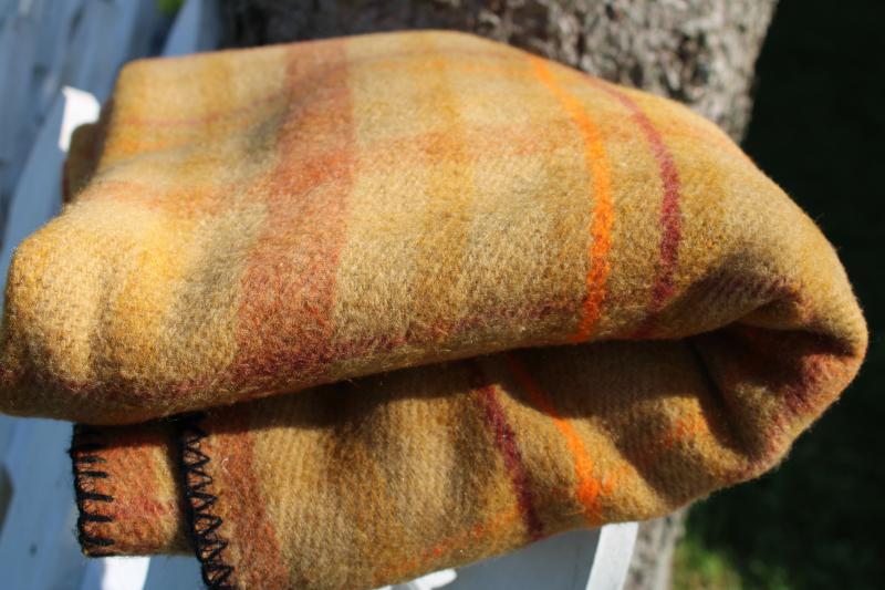 vintage plaid camp blanket in curry gold colors, soft thick plush acrylic Mexican blanket