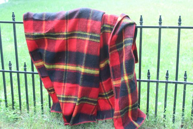 vintage plaid camp blanket throw, red black tartan woven acrylic, softer than wool