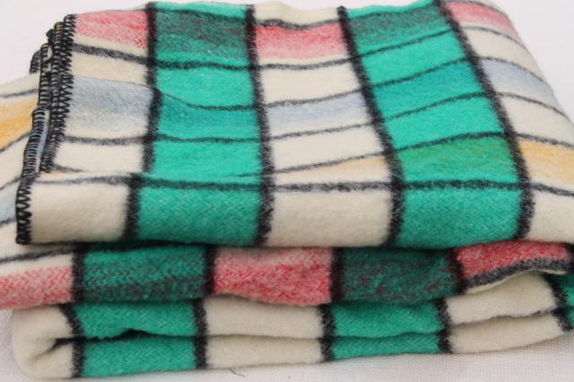 vintage plaid wool camp blanket, candy pink blue yellow jade green black bed blanket