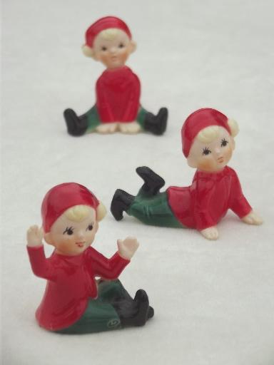 Vintage Plastic Christmas Decorations Tiny Red Green Pixies Elves