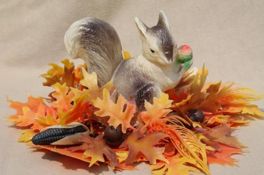 vintage plastic flowers, autumn leaves & a squirrel - fall harvest holiday party decorations