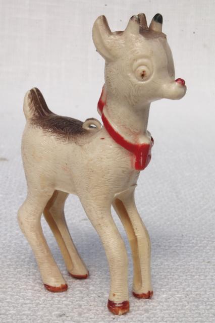 vintage plastic novelty Christmas ornament toy, old Rudolph the Red Nosed Reindeer