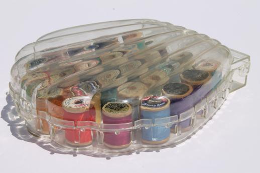 vintage plastic sewing box full of cotton sewing thread, all wood spools