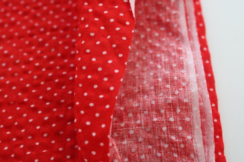 vintage plisse crinkle cotton fabric, red w/ white pin dots, dotted swiss