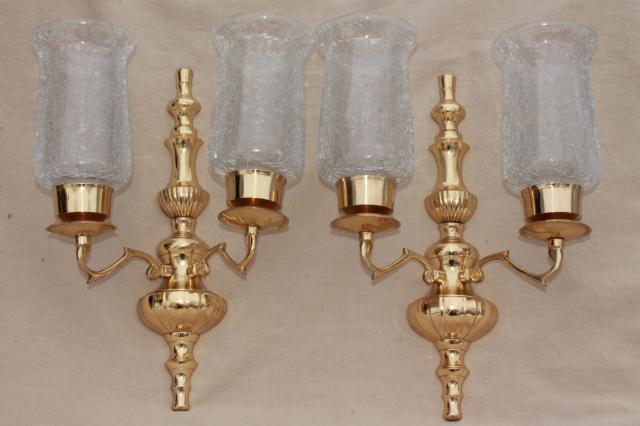 vintage polished brass candle sconces, wall sconce set w/ crackle glass hurricane shades