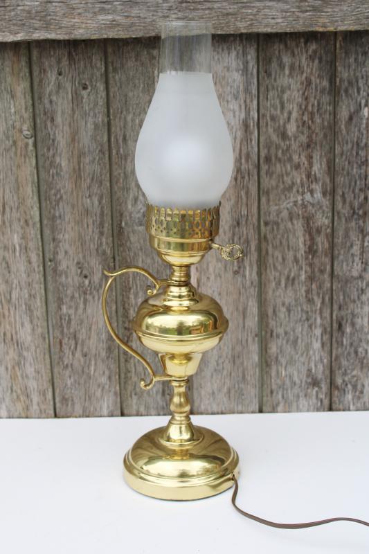 vintage polished brass chamber lamp, electric light w/ glass hurricane shade