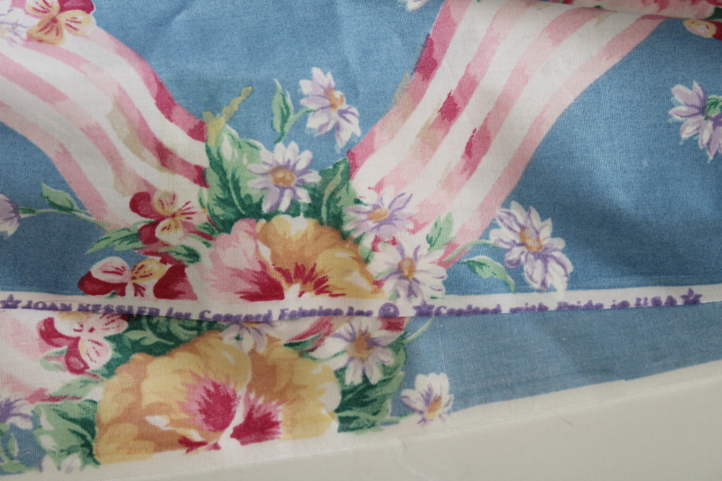 vintage polished cotton fabric Concord Joan Kessler floral print pansies  ribbons Victorian style