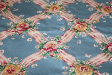 vintage polished cotton fabric Concord Joan Kessler floral print pansies  ribbons Victorian style