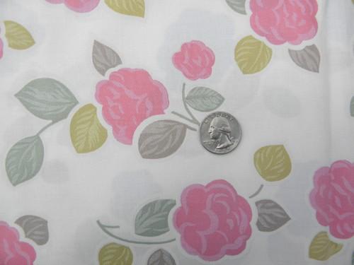 vintage polished cotton fabric, pink floral print, flowers on ivory