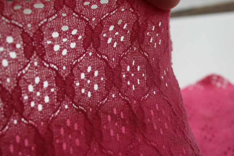 vintage poly nylon stretch lace fabric, pointelle knit spandex, 80s retro pink