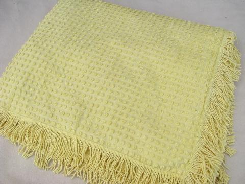 vintage popcorn chenille cotton bedspread, 1950s-60s butter yellow