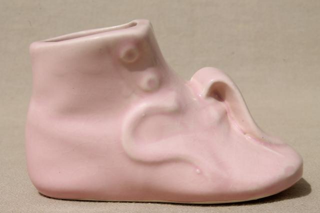 vintage pottery baby shoe vases, little pink & blue boots planter pots
