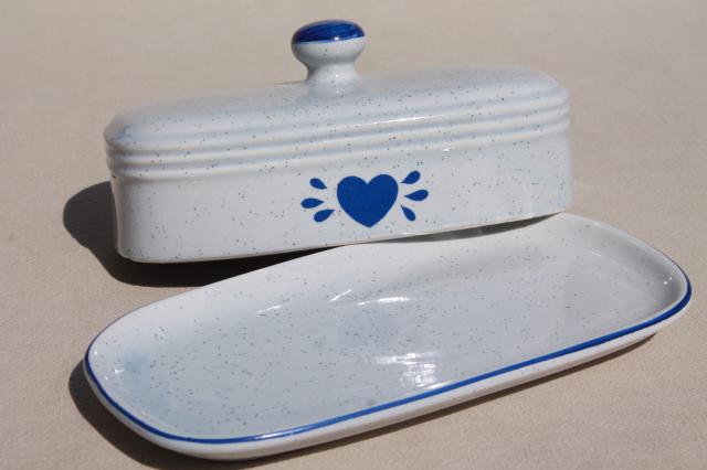 vintage pottery covered butter dish, country kitchen blue heart speckled stoneware