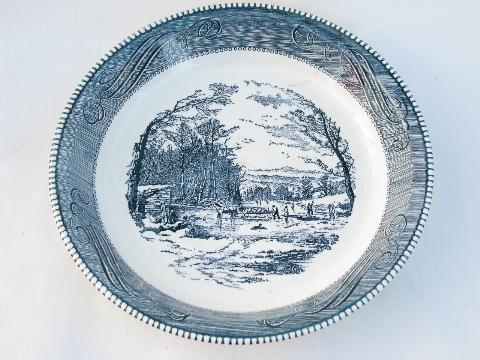 vintage pottery pie plate, blue & white Currier and Ives scene, Royal china