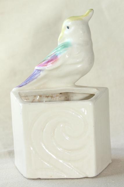 vintage pottery planter or wall pocket vase, little parrot long tailed bird
