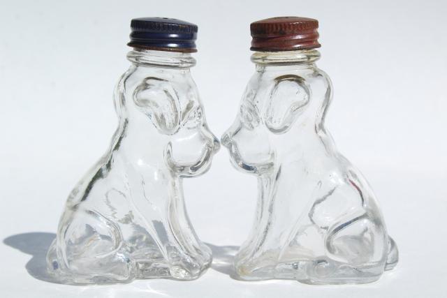 vintage pressed glass S&P shakers or candy containers, bulldog pit bull mastiff dogs