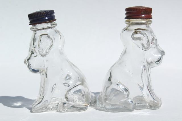 vintage pressed glass S&P shakers or candy containers, bulldog pit bull mastiff dogs