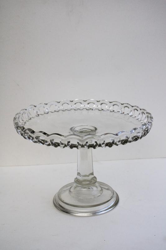 vintage pressed glass cake stand, open lace edge pattern crystal clear glass