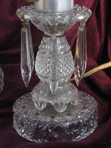 vintage pressed glass candlestick boudoir lamps, teardrop prism lusters