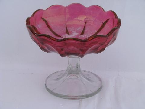vintage pressed glass candy dish, pedestal bowl w/ old ruby stain flash color