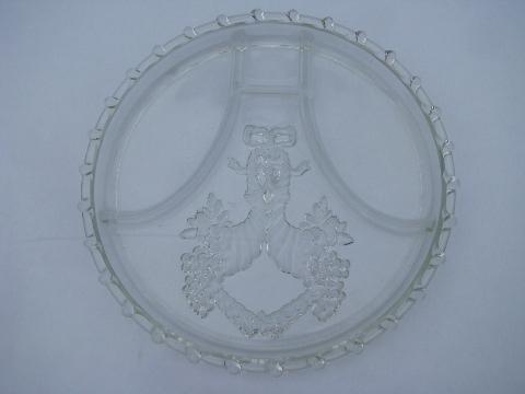 vintage pressed glass divided serving plate tray, intaglio pattern w/ rope border