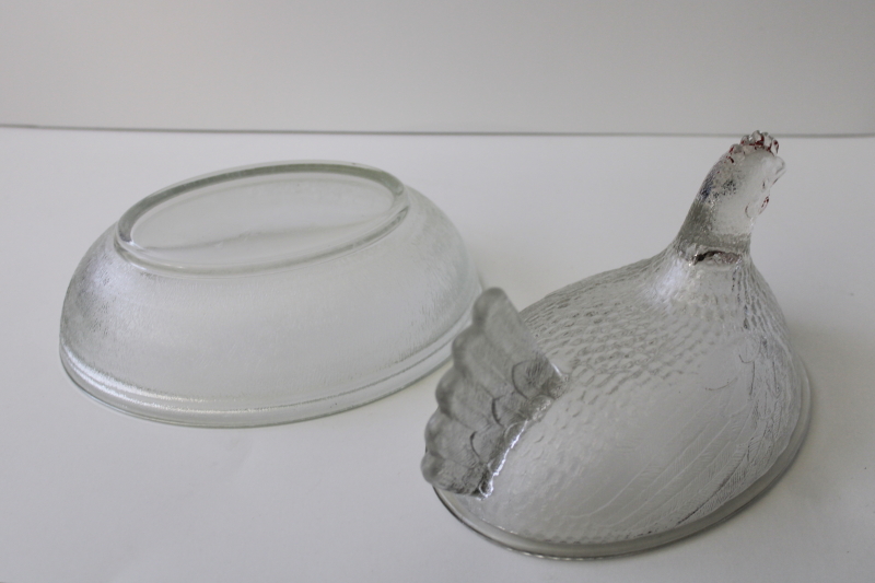 vintage pressed glass hen on nest covered dish or trinket box, old Indiana glass