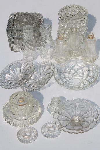 vintage pressed glass lamp bases & parts lot - bobeches for crystal chandeliers & hanging lights