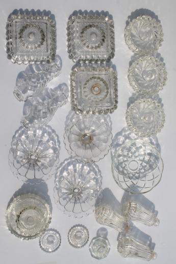 vintage pressed glass lamp bases & parts lot - bobeches for crystal chandeliers & hanging lights