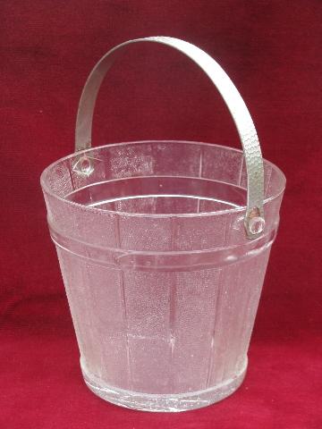 vintage pressed glass, old wooden pail pattern ice bucket w/ metal handle