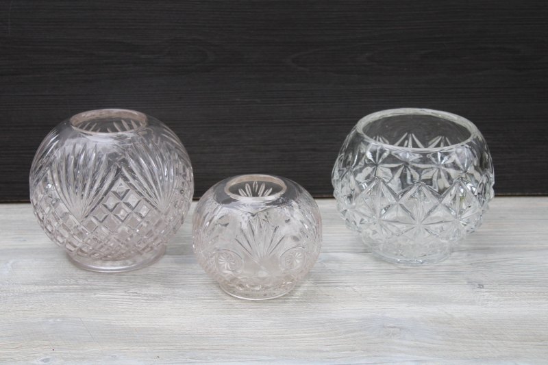 vintage pressed glass rose bowls, collection of three heavy round glass vases for big flowers