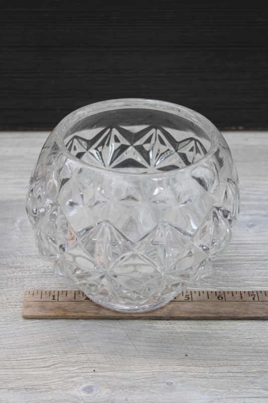 vintage pressed glass rose bowls, collection of three heavy round glass vases for big flowers