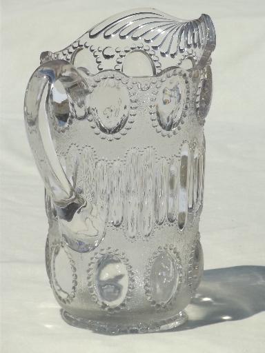 vintage pressed pattern glass pitcher, beaded oval 'egg' pattern glass