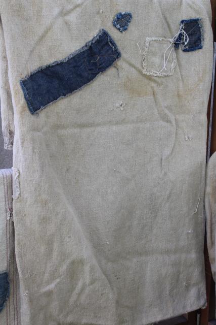 vintage primitive patched feed sacks, striped grain sack heavy cotton fabric Bemis 