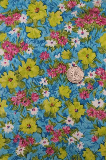 vintage print cotton fabric, 60s neon green & pink flowers on aqua blue