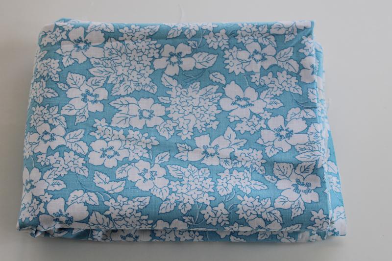 vintage print cotton fabric 68 wide, retro aqua blue w/ white floral