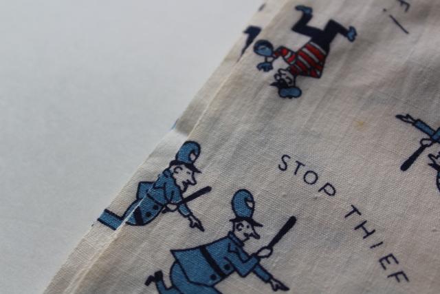 vintage print cotton fabric, English police bobbies chasing crooks Stop Thief