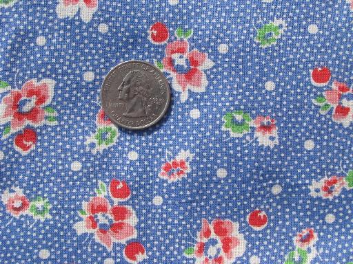 vintage print cotton fabric, blue and white pin dot little pink flowers