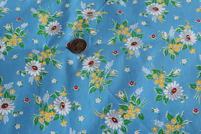 vintage print cotton fabric, daisy flowers on sky blue 4 yards retro dress material