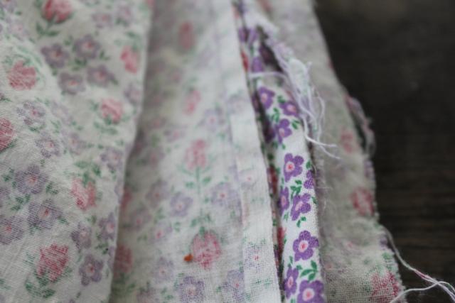 vintage print cotton feed sack fabric, pink rose buds & tiny lavender flowers
