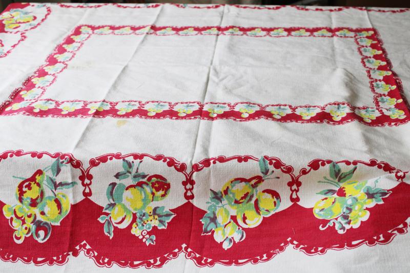 vintage print cotton tablecloth for upcycle fabric or retro kitchen, bright fruit w/ red