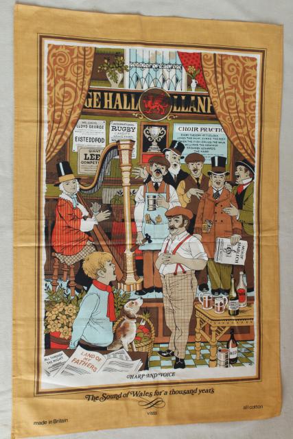 vintage print cotton tea towel, Welsh songs and ballads lyrics, souvenir of Wales