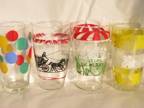 vintage print drink mixer shaker glasses, large bright glass swanky swigs lot