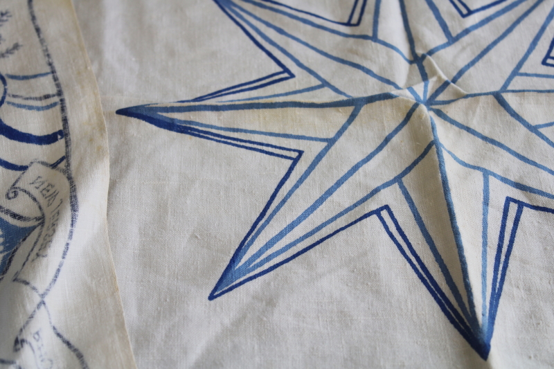 vintage print linen tablecloth, blue  white colonial Americana print early colonies state emblems